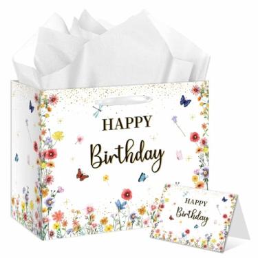 Imagem de Bolsa de presente de aniversário de flores silvestres floral borboleta feliz aniversário com cartão de felicitações saco de lembrancinhas de festa para mulheres meninas chá de bebê primavera