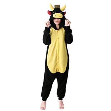 Imagem de FORLADY Pijama adulto unissex animal touro preto fantasia cosplay macacão, Preto, M fit height 62"-65"