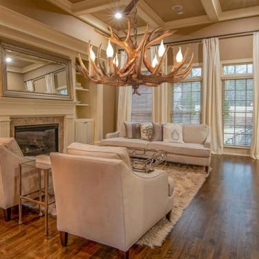 Imagem de Lustre de resina com chifres, decoração medieval de interiores, iluminação para restaurante, luminária de teto ajustável E14, retrô, 6 luzes, bar, café, estilo pastoral, marrom, luz pendente