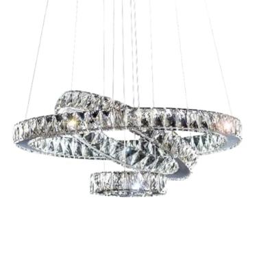 Imagem de Lustre Pendente LED de Cristal K9, 3 Anéis, 60cm, Cromado e Transparente, Cabo Ajustável 2m