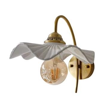 Imagem de Luminária de parede dourada com listras brancas, arandela de cerâmica, luminária de parede moderna em formato de flor, iluminação criativa E27 para decoração de casa, para quarto, cabeceira,