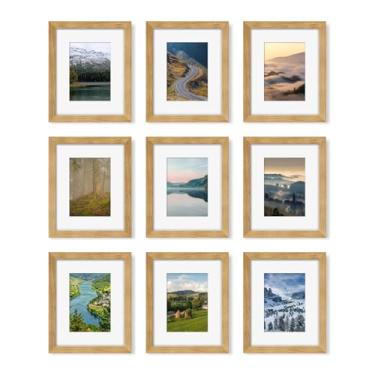 Imagem de YESKAY Conjunto de 9 porta-retratos 20 x 25 cm, exiba imagens 13 x 17 com tapete ou 20 x 25 sem tapete, várias molduras para montagem na parede ou mesa, carvalho natural
