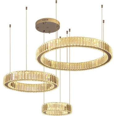 Imagem de Lustres de cristal LED modernos 3 anéis redondos circulares reguláveis para sala de estar, luz de lustre para hall de entrada, luminária pendente grande cromada para hotéis, sala de jantar,