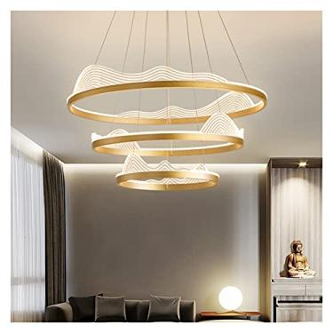 Imagem de Lustre estilo nórdico luzes pendentes de anel dourado lustre moderno lâmpadas led decorativas sala de estar lobby hotel luminárias reguláveis (cor: fria, tamanho: três 90w)