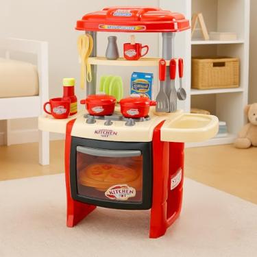 Imagem de Cozinha Infantil de Brinquedo com Som e Luz, 47 cm de Altura, Torneira com Água, Panelas e Talheres, Vermelho
