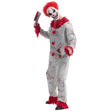 Imagem de Fantasia de assassino de palhaço de terror de Halloween para adultos, macacão de palhaço manchado de sangue com máscara de cabelo vermelho e faca de plástico (GG)