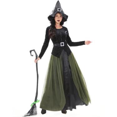 Imagem de Funna Fantasia de bruxa feminina para cosplay de Halloween com chapéu, Preto, 2XL (20-22)