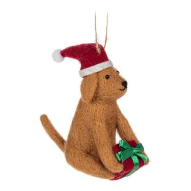 Imagem de Abbott Collection Cachorro de Natal feito à mão com enfeite de presente. Pacote com 1 - Feltro de lã/Styro, marrom/vermelho (10 cm A)