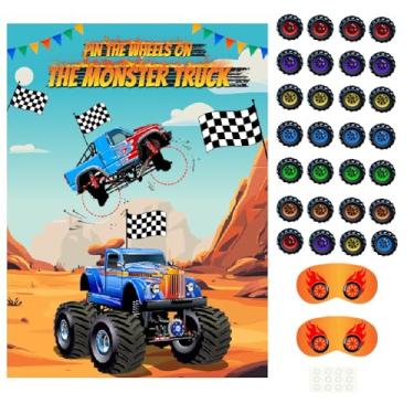 Imagem de PLULON Pin The Wheels on The Truck Party Game Kids Birthday Pin The Tail Games Pôster grande com pneus adesivos para tema de carro lembrancinhas de festa decorações meninos artigos de festa de