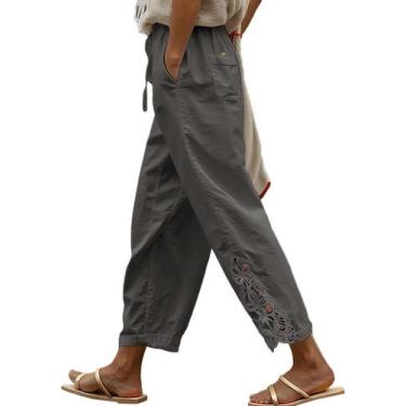 Imagem de Calças Acelitt, casuais, de linho, cordão, elástico, cintura feminina