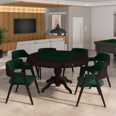 Imagem de Conjunto Mesa de Jogos Carteado Bellagio Tampo Reversível e 6 Cadeiras Madeira Poker Base Estrela Veludo Verde Escuro/Tabaco G42 - Gran Belo