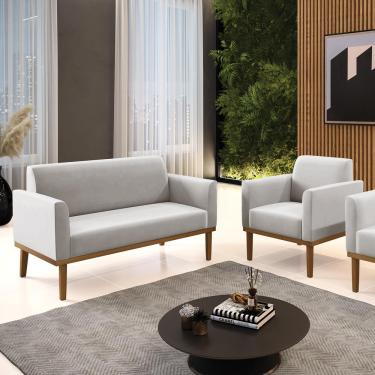 Imagem de Conjunto Poltrona e Namoradeira Decorativa Isabella Pés Fixo em Madeira Castanho Veludo Cinza G19 - Gran Belo