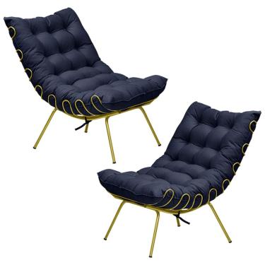 Imagem de Kit 2 Poltronas Decorativas Sala de Estar Abel Base de Ferro Dourada Veludo Azul - Gran Belo