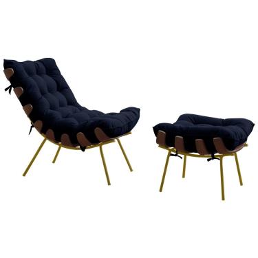 Imagem de Conjunto Decorativo Poltrona e Puff Abel Base de Madeira Dourada Veludo Azul - Gran Belo
