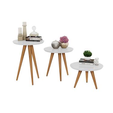 Imagem de jogo 3 mesas retrô pés palito, centro, lateral e apoio glass prime - branco - Comprar Moveis Em Casa