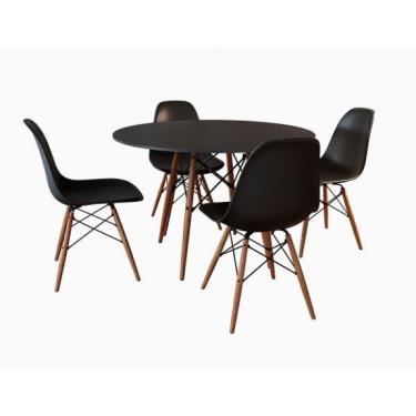 Imagem de Conjunto De Mesa De Jantar Eames Eiffel Redonda 90cm Tampo De Madeira Preto Com 4 Cadeiras Pretas PR