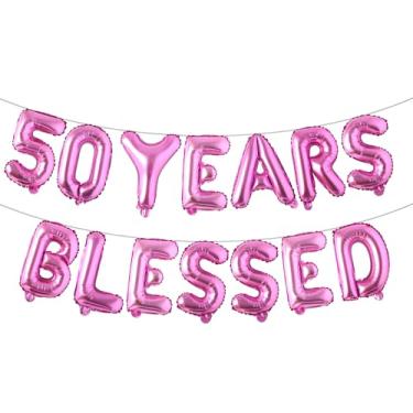 Imagem de 50 Years Blessed Banner de balão multicolorido com glitter, decorações de festa de aniversário de 50 anos/casamentos, cenários de sinalização (50 YEARS BLESSED Rose Red)