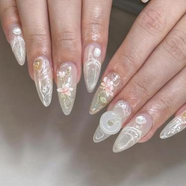 Imagem de RIICFDD Unhas postiças longas de amêndoa, unhas postiças, nude, flores 3D, reutilizáveis, unhas de acrílico, glitter branco, cobertura completa, cola, 24 peças, unhas fofas