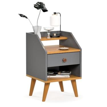 Imagem de Mesa De Cabeceira Para Quarto Pés Retro Criado(CINZA/FREIJÓ)