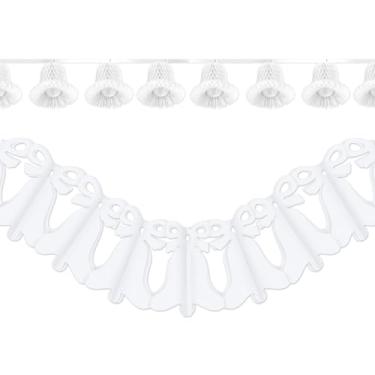 Imagem de Beistle Serpentina de sino de tecido e guirlanda de sino de Westminster sortidos – Decorações elegantes para pendurar nupciais brancas, sinos de 7,6 cm em fita de 61 cm e guirlanda de 30 cm