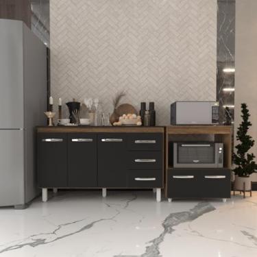 Imagem de Mobília Decor, Gabinete Armário Carine 138 cm com Tampo Tampão e Balcão Amanda para Forno e Microondas Savana e Preto