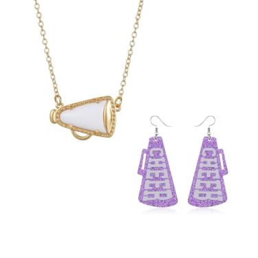 Imagem de QLUYCKW Conjunto de colar de líder de torcida para mulheres delicados ginastica megafone pingente colar com pingente de megafone glitter CHEER brincos de acrílico esportes de equipe joias, Medium