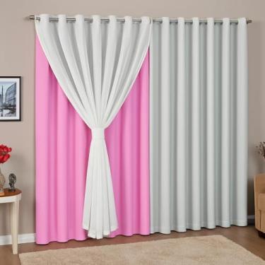 Imagem de Cortina Decorativa Voil, 2,00x1,50m, 2 Panos, Poliéster com Forro, Ilhós Cromado, Estampada (ROSA)