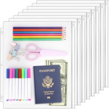 Imagem de Antner Pasta de fichário tamanho carta com 3 furos com zíper para fichário de 3 anéis, à prova d'água, transparente, solta, folha, sacola, pastas, para arquivar documentos, pacote com 8