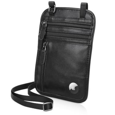 Imagem de Polare Carteira de couro de flor integral para pescoço com bloqueio RFID e porta-passaporte oculto bolsa de viagem com compartimento para AirTag para homens, Preto