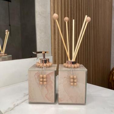 Imagem de Saboneteira e Aromatizador Efeito Mármore 250ml - Porta Sabonete Liquido Decorativo (Rose e Rose,Sem Colar)