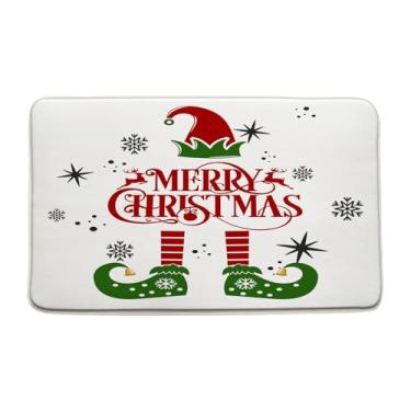 Imagem de Tapete de banho Merry Christmas, vermelho, verde, Natal, Elfo, pernas, chapéu de floco de neve, citações engraçadas, desenhos animados, criativo, inverno, festival, microfibra, espuma viscoelástica,