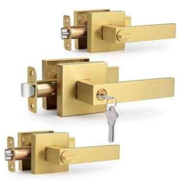 Imagem de LOQRON Pacote com 3 maçanetas de porta de entrada com chave não igual, ouro escovado, maçanetas de porta interior/exterior de design quadrado com chave e fechadura, alça reversível para fechadura de