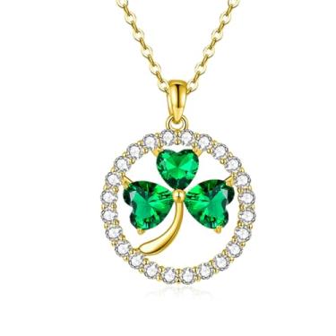 Imagem de VONSSY Colar com pingente de trevo | Presente de Dia de São Patrício para mulheres, esposa, mãe, joia irlandesa com pedra preciosa verde esmeralda | Corrente banhada a ouro rosa platina, Zircônia