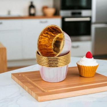 Imagem de Generic 50 peças de forros de cupcake padrão de textura descartável papel laminado rosa claro dourado 7 x 3,9 cm