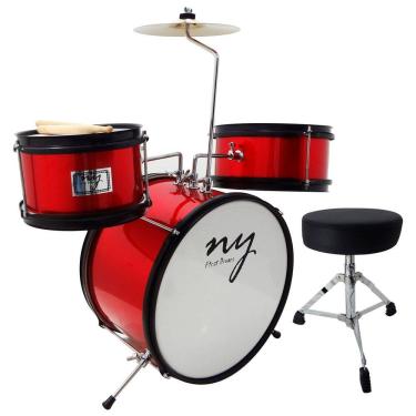 Imagem de Bateria Infantil Acústica 2T JJ Vermelha com Banco e Pedal New York