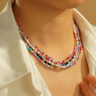 Imagem de Conjunto de 5 colares de contas multicoloridas para mulheres – Colar gargantilha delicada com contas multifios, colar hipoalergênico que não mancha, presentes personalizados de Natal, aniversário