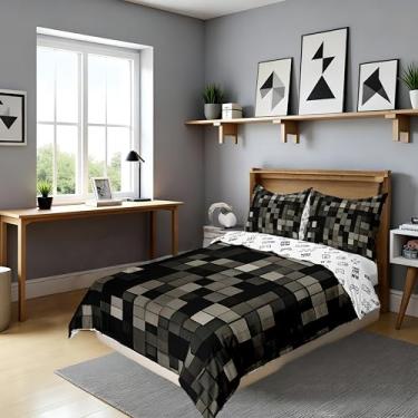 Imagem de Sandbox Conjunto de capa de edredom infantil pixelada tamanho Queen, conjunto de cama de videogame de patchwork quadriculado para meninas e meninos, decoração de quarto simples abstrata, capa de