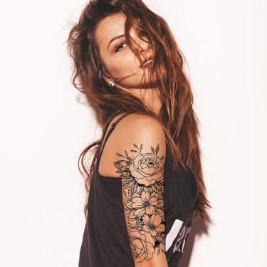 Imagem de 12 folhas de tatuagens temporárias para mulheres adultas, tatuagens falsas de flores grandes que parecem reais e duram muito, adesivos de tatuagem de marcadores corporais de borboleta