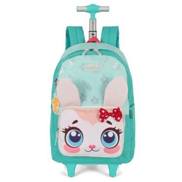 Imagem de Mochila De Rodinha Menina Bolsa Escolar Carrinho Up4you Gato, Verde