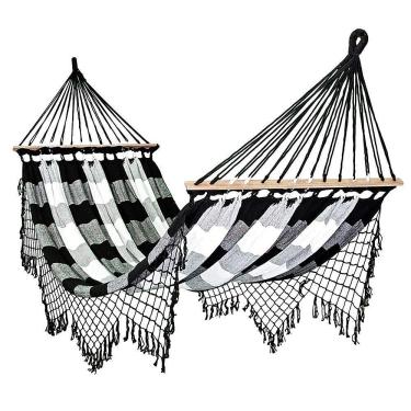Imagem de Rede De Dormir Com Madeira Artesanal Preto Com Branco Xadrez