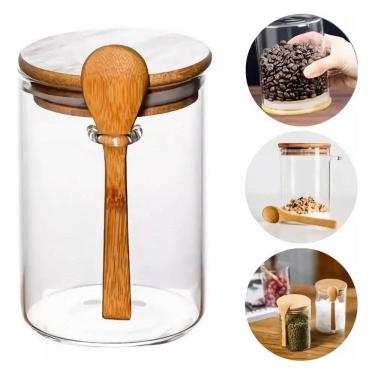 Imagem de 2X Pote Hermético Vidro Com Tampa E Colher Bambu 760 Ml Allp