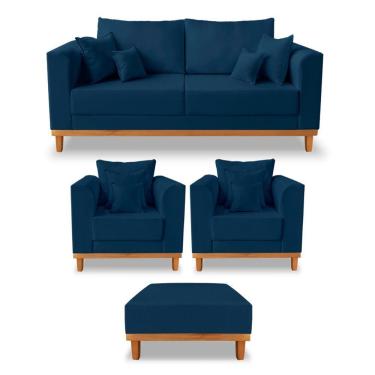 Imagem de Kit Sofá 3 Lugares E 2 Poltronas Beny + Puff Isa Linho Azul