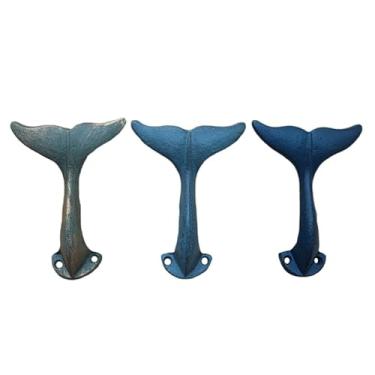 Imagem de The Bridge Collection Conjunto de 3 ganchos decorativos de cauda de baleia de ferro fundido – Ganchos de parede inspirados no oceano para decoração costeira ou náutica – Cabides de cauda de baleia