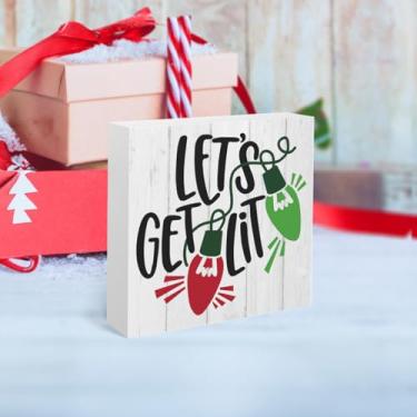 Imagem de Decoração de mesa de Natal vintage decorações de férias de Natal para casa fazenda café bar quarto cozinha sala de natal stocking Stuffer Let's Get Lit mesa prateleira decoração placa 5x5 polegadas