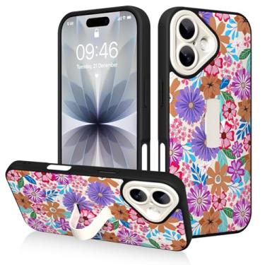 Imagem de AIGOMARA Capa para iPhone 17 com suporte de alça de dedo, estampa floral colorida para mulheres e meninas, capa protetora à prova de choque com suporte de mão antiarranhões, branca