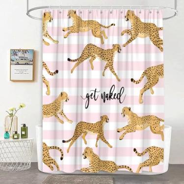 Imagem de JEJOMEAG Cortina de chuveiro leopardo Get Naked Cheetah Tropical Animals rosa e branco listrado tecido decoração de banheiro cortina com ganchos, 70Lx70H