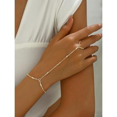 Imagem de Pulseira de corrente de mão dourada para mulheres, pulseira de dedo delicada com anel, pulseira escrava em camadas ajustáveis, joias boho minimalistas para festas, casamentos e presentes