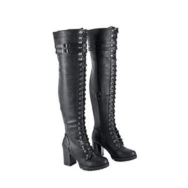 Imagem de Botas femininas com cadarço cano alto, Botas femininas acima do joelho Lindas botas de couro com fivela na panturrilha, preta, Preto, 10