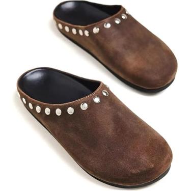 Imagem de Mules de camurça feminina – Pantufas de tamanco cravejadas, sem cadarço, bico redondo, sapatilha confortável para uso interno e externo, Marrom, 36