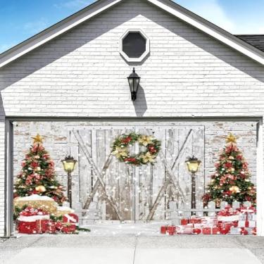 Imagem de DORCEV 2,1 x 4,9 m, decoração de porta de garagem de Natal, neve, inverno, guirlanda, banner, fundo, porta de madeira, parede de tijolos, decoração de pinheiro, Natal, bolas douradas, presentes, foto
